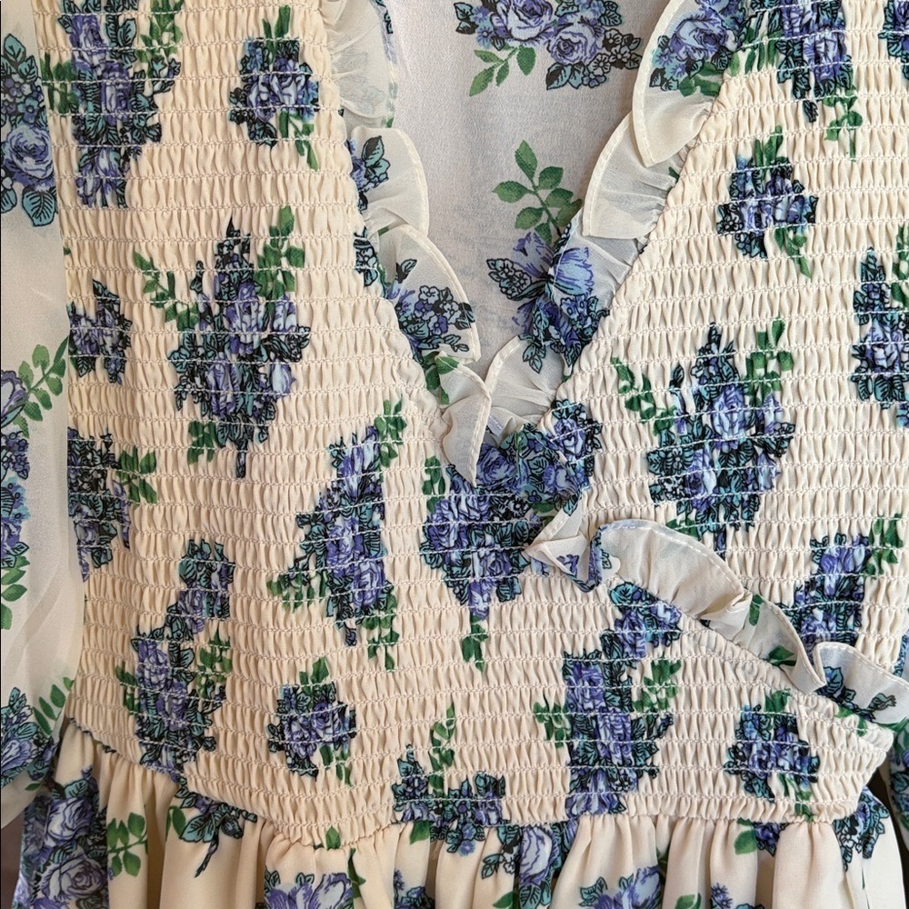 NWT ASOS midi smock dress w shirred cuffs creamy white floral print-multi - Picture 7 of 16